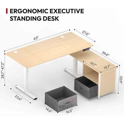 Yoobure L-Shaped Standing Desk with 2-Drawer File Cabinet