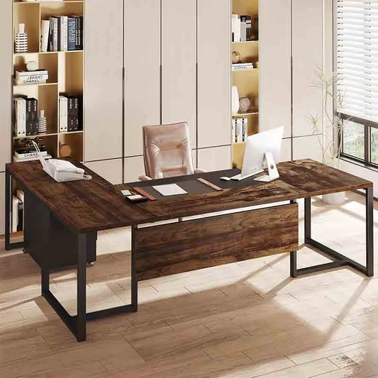 70.8" L-Shaped Executive Desk, Brown & Black