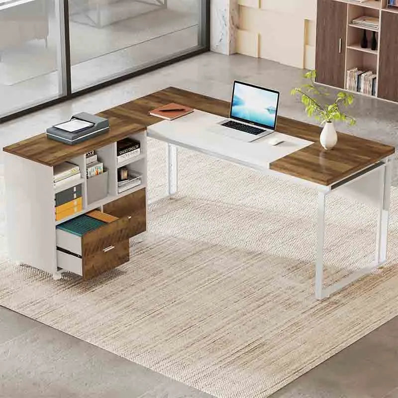 63" Office Desk with Storage Drawers, Oak & White