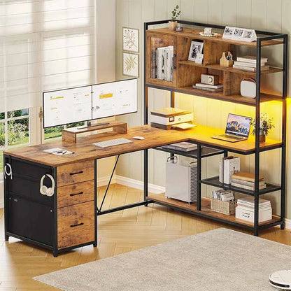 Yoobure 58" Office Desk with 3 Drawers & Bookshelf, Brown