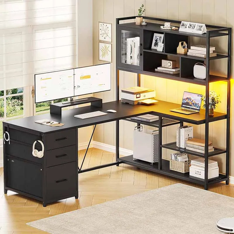 Yoobure 58" Office Desk with 3 Drawers & Bookshelf, Black