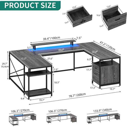 Black Yoobure U Shaped Desk with Power Outlets & LED Lights