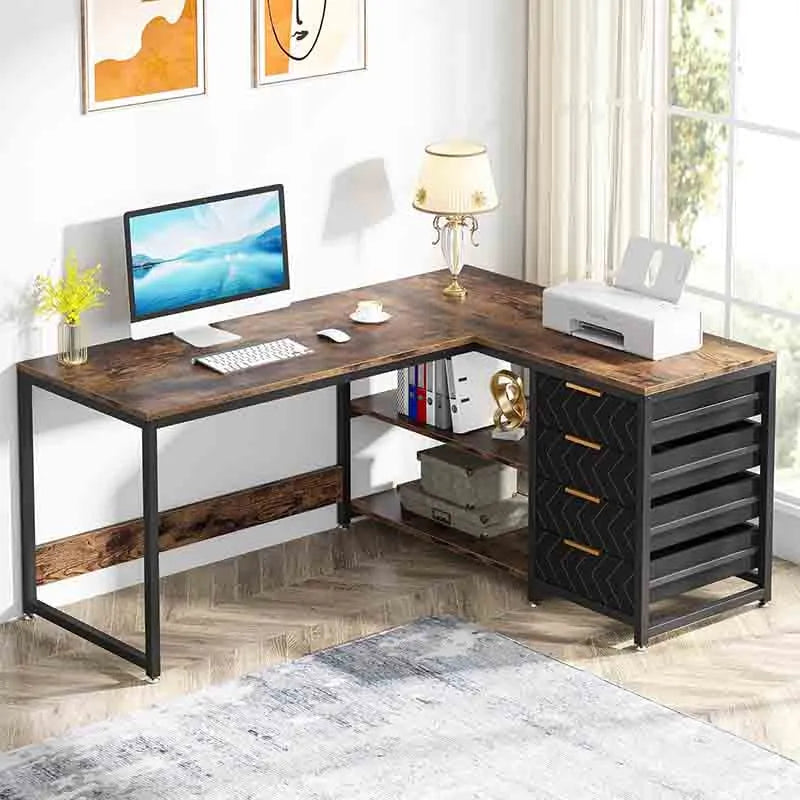 Yoobure 59" Reversible L-Shaped Desk with Shelves, Brown