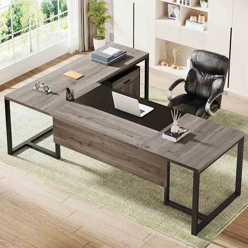 70.8" L-Shaped Executive Desk, Grey & Black