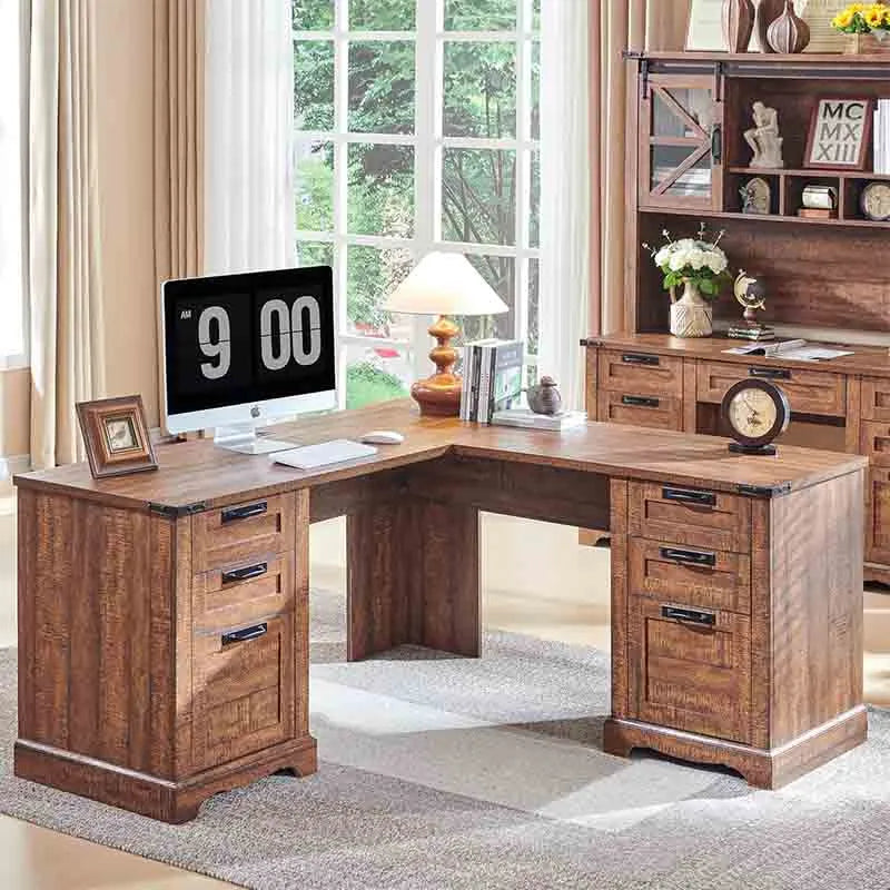 Yoobure L-Shaped Workstation with Storage Cabinet, Wood Finish