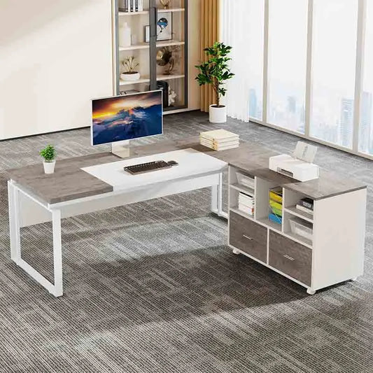 63" Office Desk with Storage Drawers, Grey