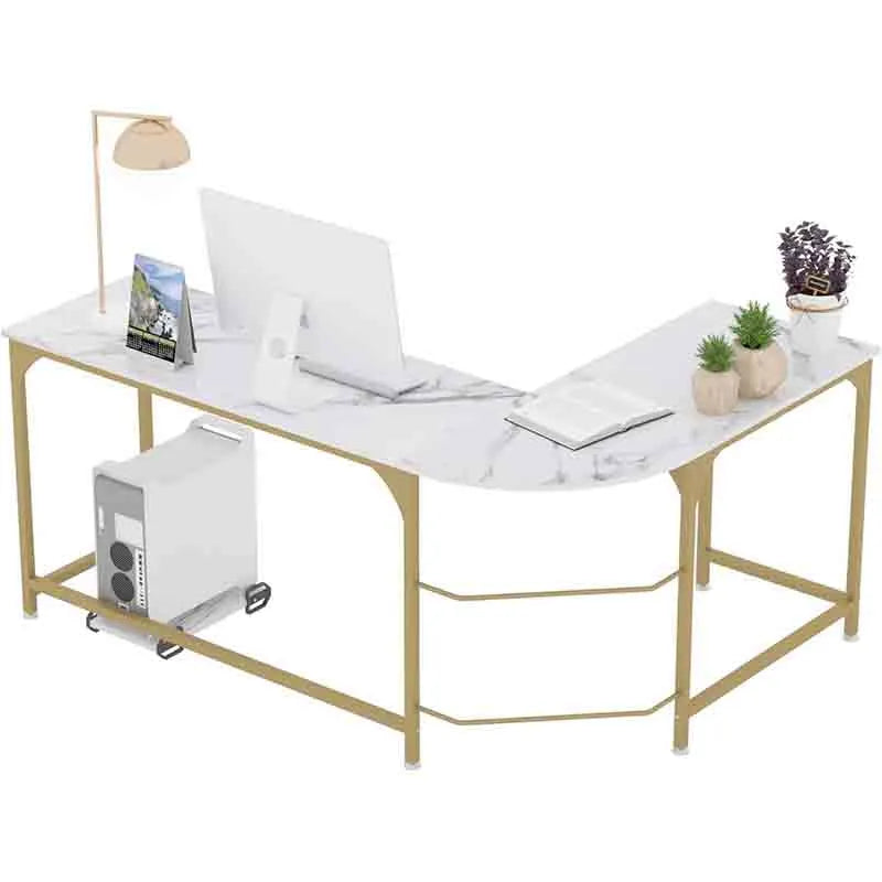 Yoobure Reversible L-Shaped Computer Desk, White Marble Frame