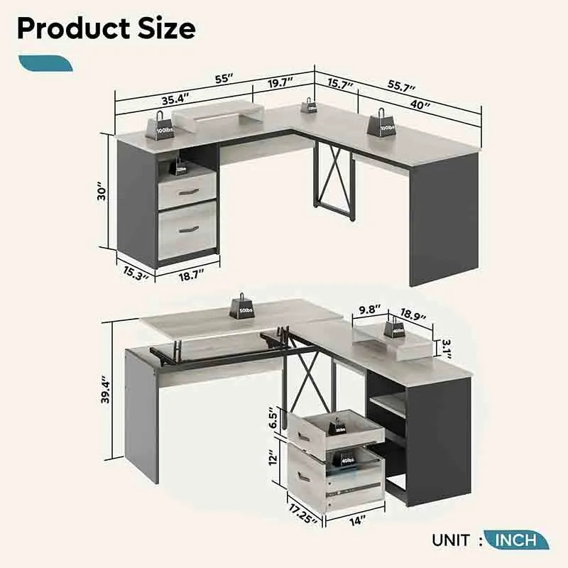 Yoobure 55" L-Shaped Desk with Bookshelf & Power Outlets