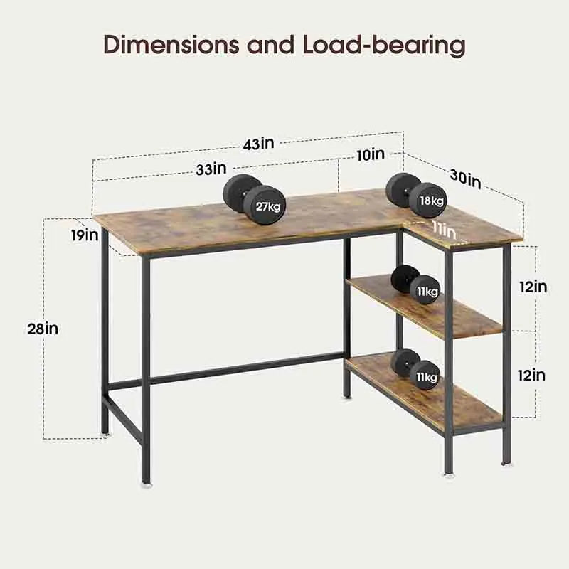 Yoobure 43" L-Shaped Desk with Storage Shelves, Brown