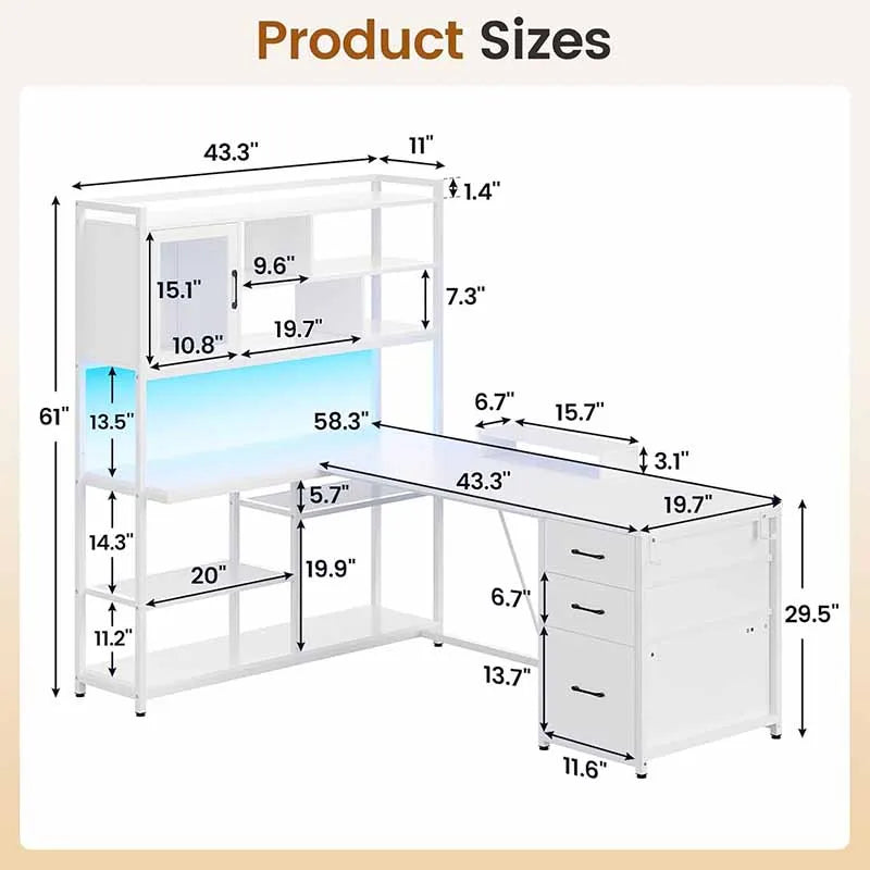 Yoobure 58" Office Desk with 3 Drawers & Bookshelf, White