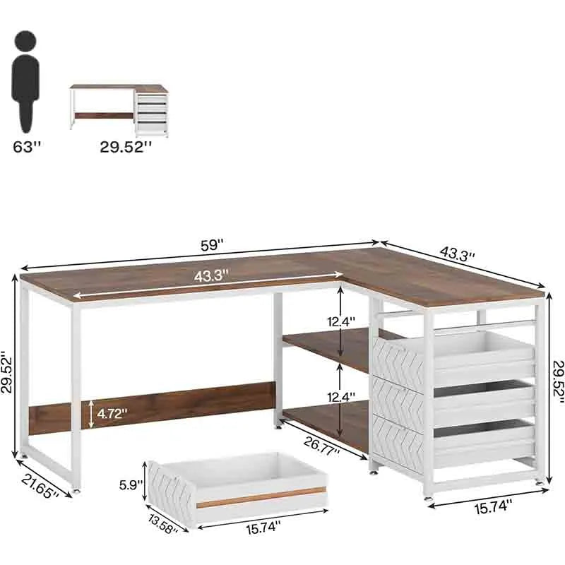 Yoobure 59" Reversible L-Shaped Desk with Shelves, Walnut&White