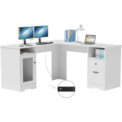 Yoobure 60" L-Shaped Desk with File Cabinet, White