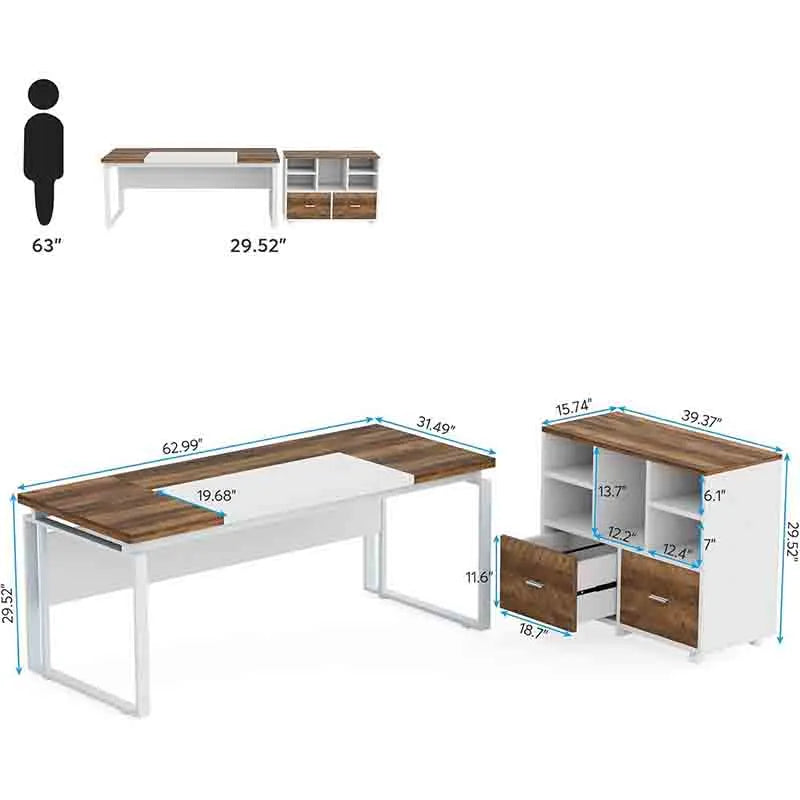 Yoobure 63" Office Desk with Storage Drawers, Oak & White