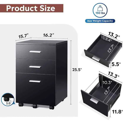 Black Yoobure 3-Drawer Wood Mobile File Cabinet