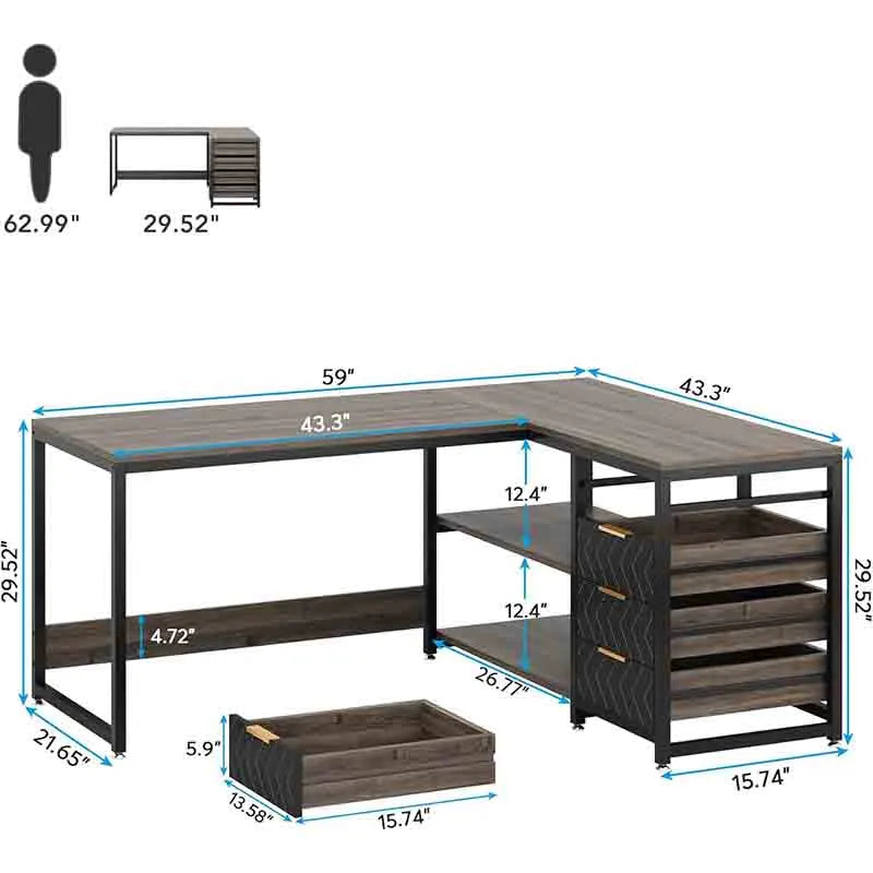 Yoobure 59" Reversible L-Shaped Desk with Shelves, Grey