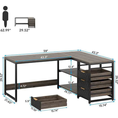 Yoobure 59" Reversible L-Shaped Desk with Shelves, Grey