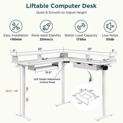 Yoobure 60" L-Shaped Electric Standing Desk, White