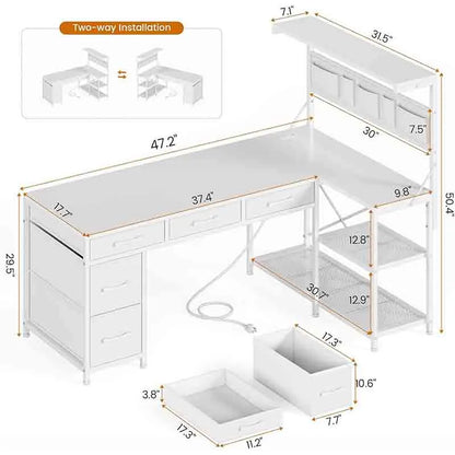 Yoobure 47” LED Gaming Desk with Storage Shelves, White