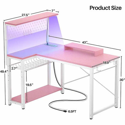 Yoobure Small Gaming Desk with Power Outlets & Pegboard, Pink