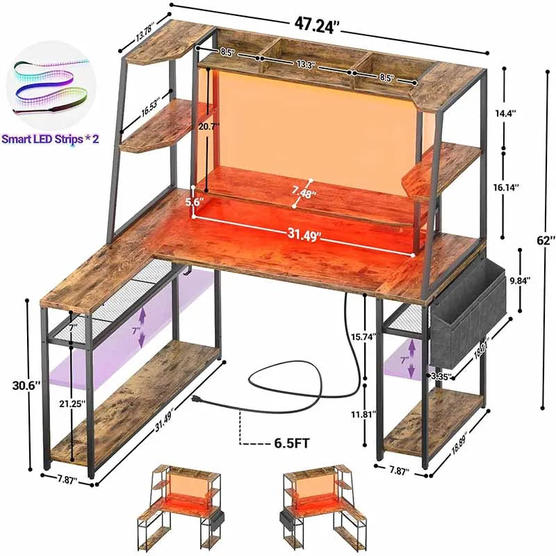 Yoobure L-Shaped Gaming Desk with Hutch & Shelves, Rustic Brown