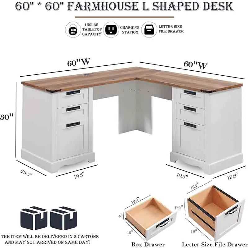 Yoobure 60" L-Shaped Office Desk with Storage, White Finish