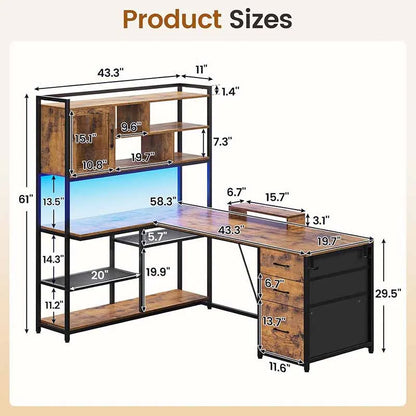 Yoobure 58" Office Desk with 3 Drawers & Bookshelf, Brown