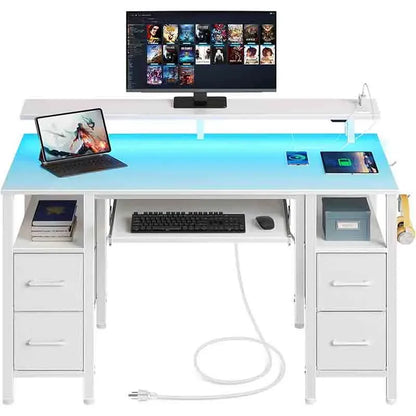 White Yoobure 65" Computer Desk with Power Outlets & LED Lights