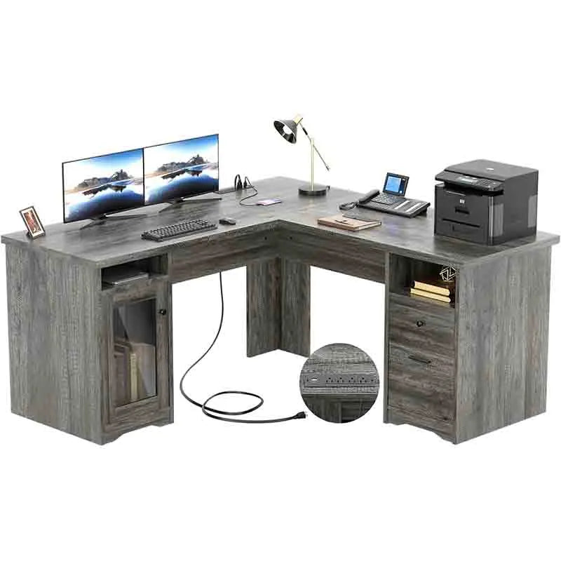 Dark Grey Yoobure 60" L-Shaped Desk with Drawers, Corner Desk