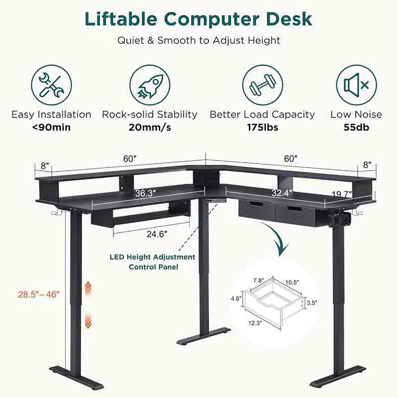 Yoobure 60" L-Shaped Electric Standing Desk, Black