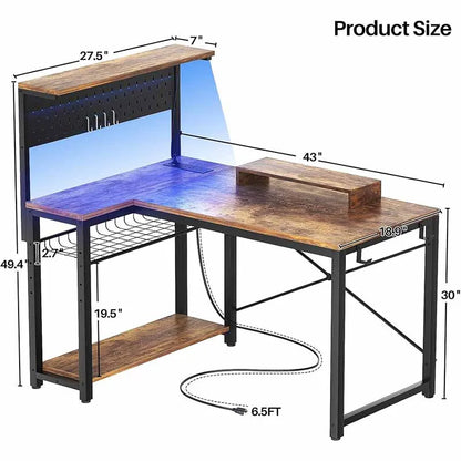 Yoobure Small Gaming Desk with Power Outlets & Pegboard, Rustic Brown