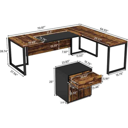 Yoobure 70.8" L-Shaped Executive Desk, Brown & Black