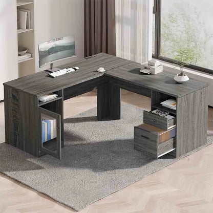 Yoobure 60" L-Shaped Desk with File Cabinet, Grey