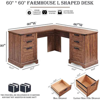 Yoobure L-Shaped Workstation with Storage Cabinet, Wood Finish