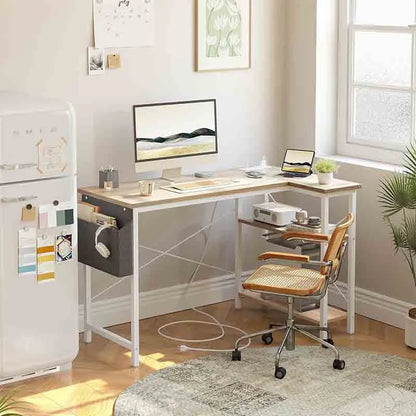 40" L-Shaped Desk with Reversible Shelves, Maple