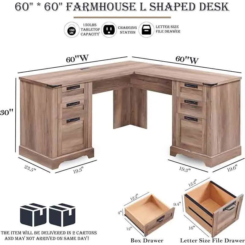 Yoobure 60" L-Shaped Executive Desk with File Drawers, Natural Oak