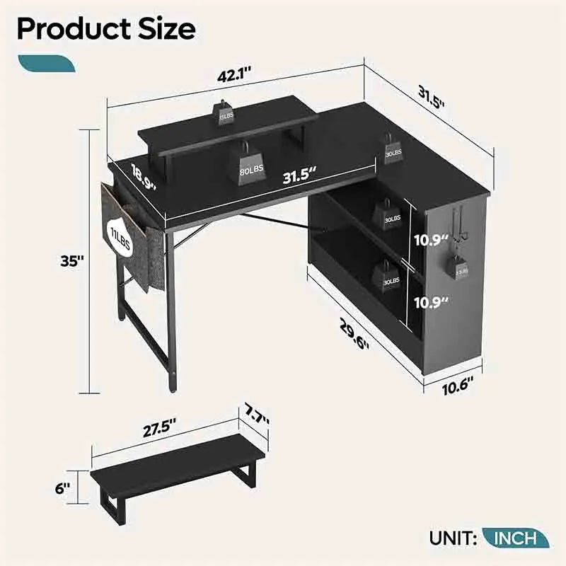 Yoobure Reversible L-Shaped Desk with LED Lights & Cabinet