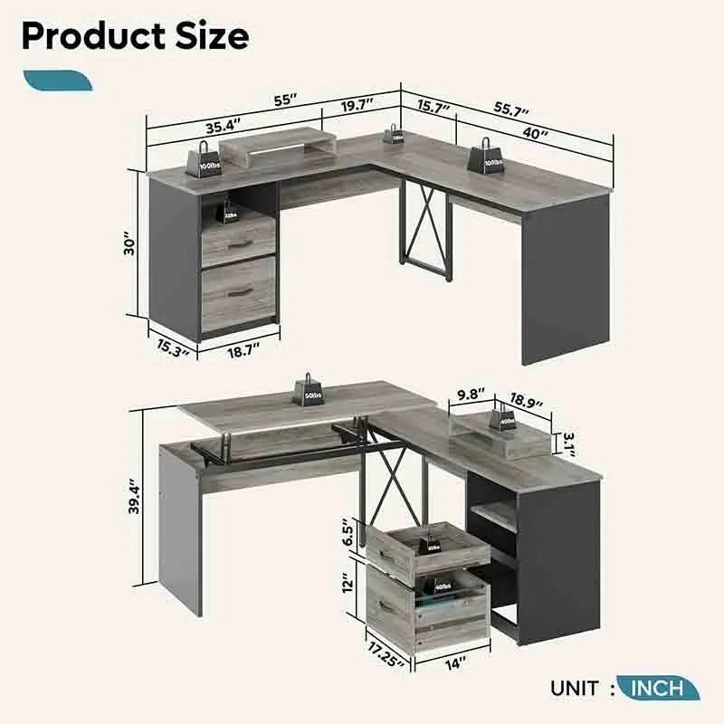 Yoobure L-Shaped Lift Top Desk with File Drawer, Grey