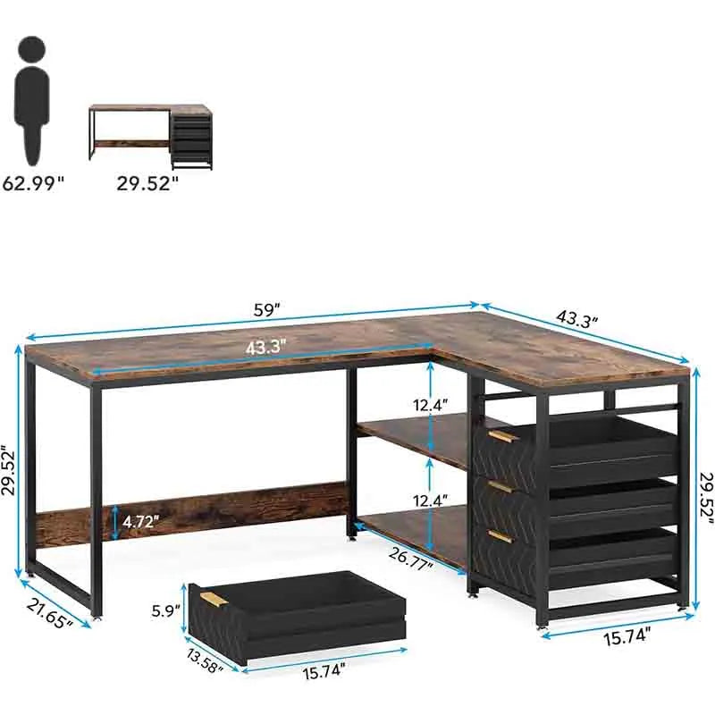 Yoobure 59" Reversible L-Shaped Desk with Shelves, Brown