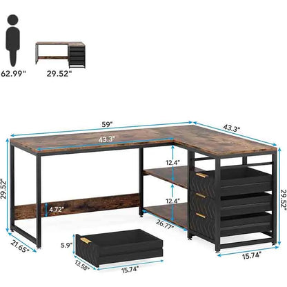 Yoobure 59" Reversible L-Shaped Desk with Shelves, Brown