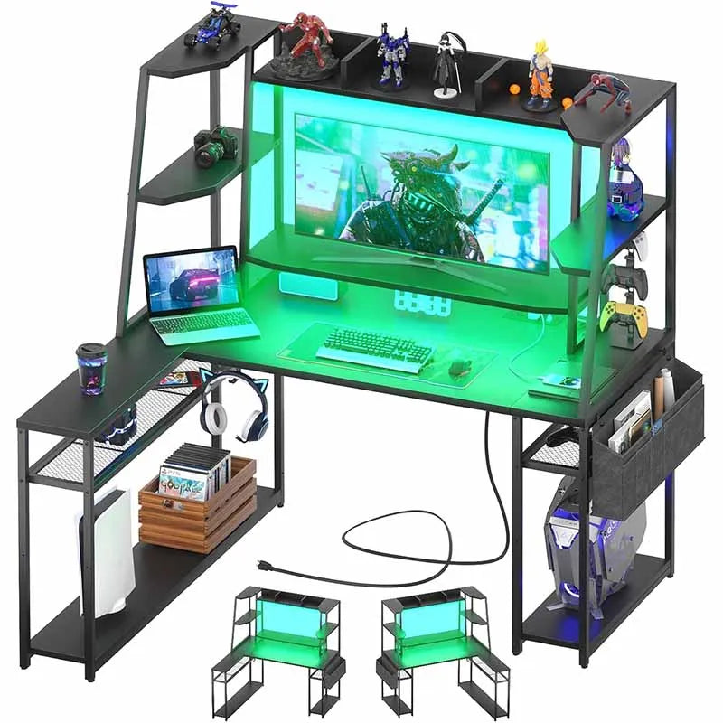 Yoobure L-Shaped Gaming Desk with Hutch & Shelves, Black