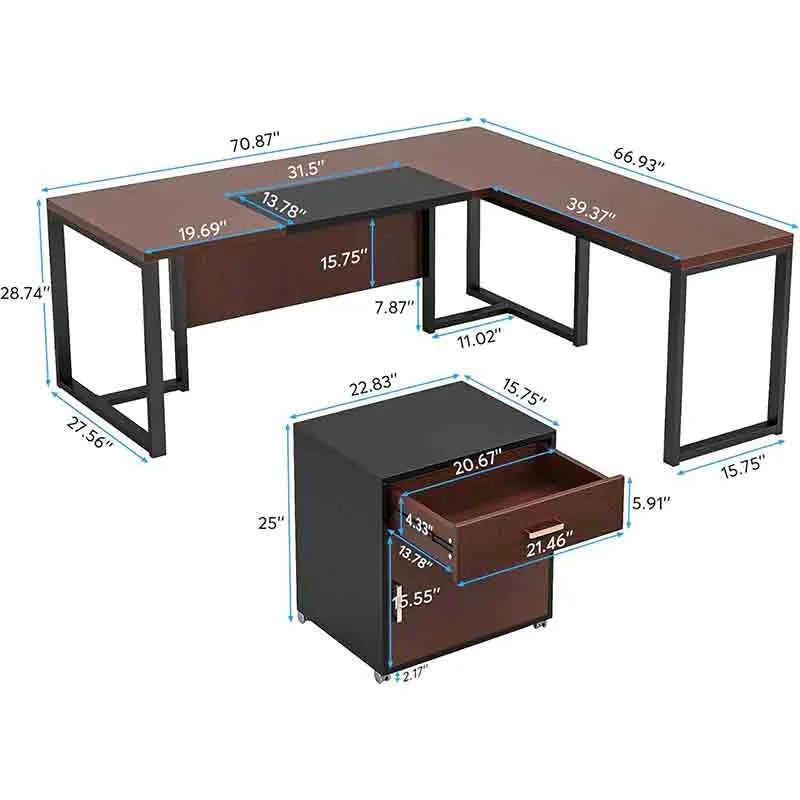 Yoobure 70.8" L-Shaped Executive Desk, Walnut & Black