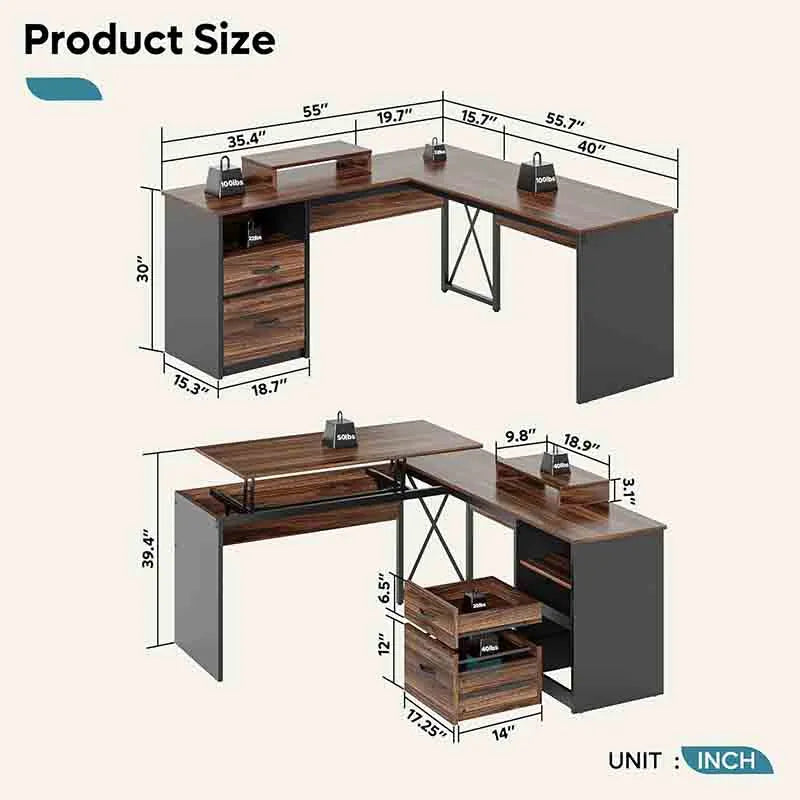 Yoobure L-Shaped Lift Top Desk with File Drawer, Walnut