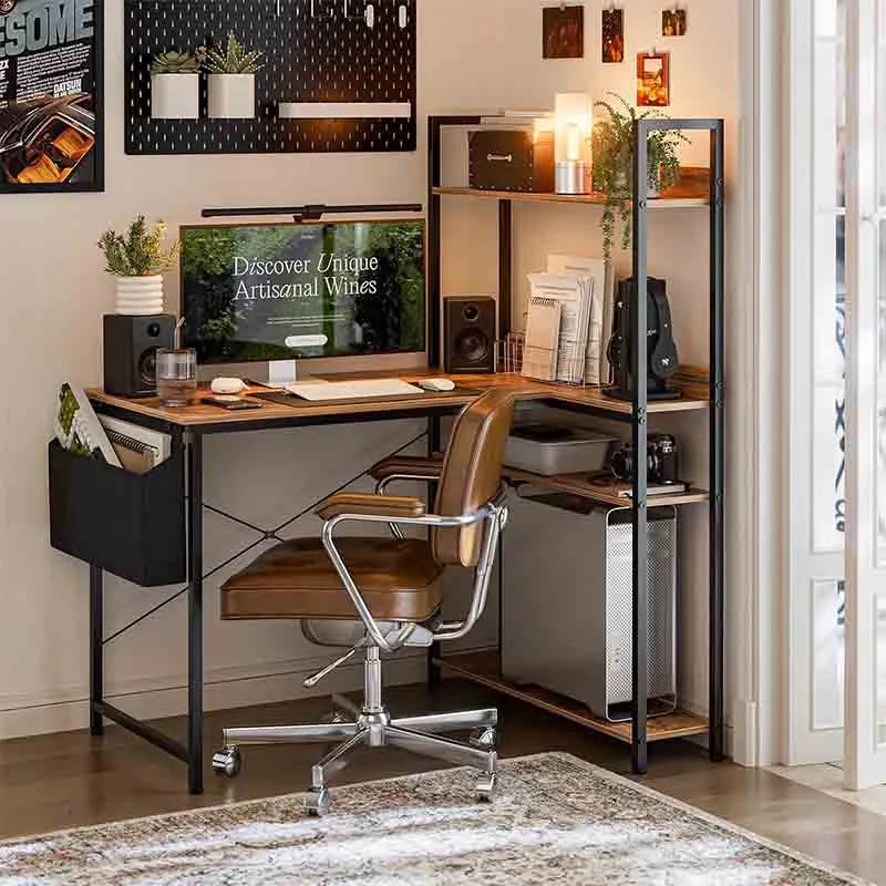 40" L-Shaped Desk with Reversible Shelves, Brown