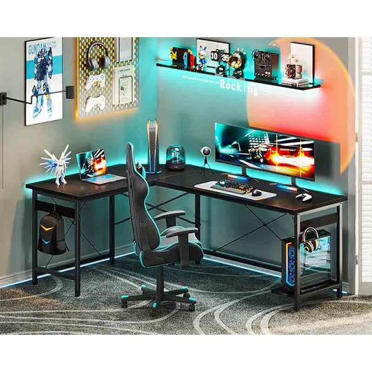 66" L-Shaped Gaming Desk with Shelves, Black