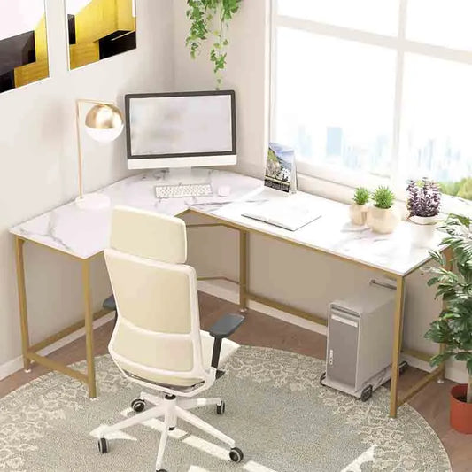 Reversible L-Shaped Computer Desk, White Marble Frame