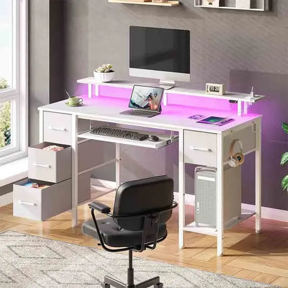 White Yoobure 65" Computer Desk with Power Outlets & LED Lights