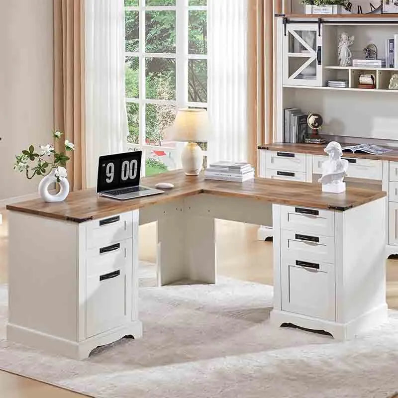 60" L-Shaped Office Desk with Storage, White Finish