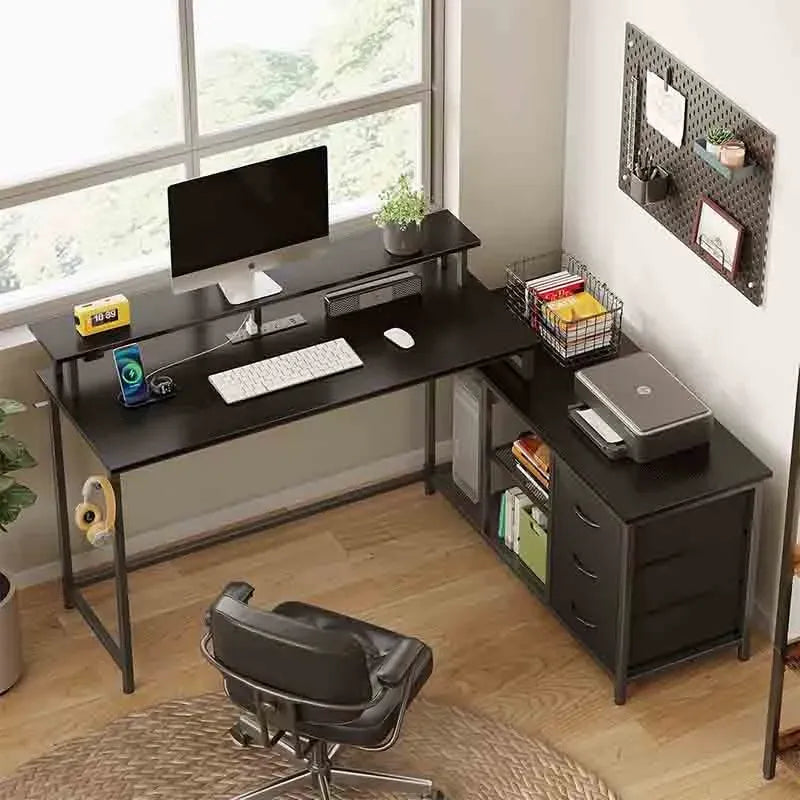 Black Yoobure Corner Desk with Storage Shelves & Monitor Stand