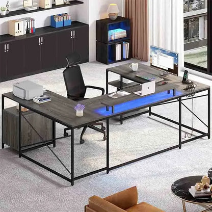 Black Yoobure U Shaped Desk with Power Outlets & LED Lights