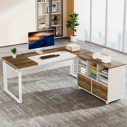 Yoobure 63" Office Desk with Storage Drawers, Oak & White